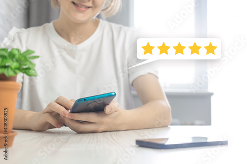 Happy customer evaluate with five star, review the service, and feedback icon, concept of excellent rank for giving best score