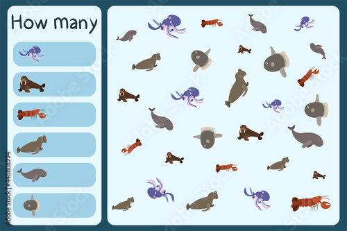 Kids mathematical mini game - count how many sea animals - octopus, walrus, omar, sea elephant, dugon, sunfish. Educational games for children. Cartoon design template on colorful backdrop. © renko_art
