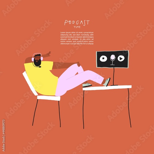 Media hosting vector doodle drawing. Funny brutal man podcaster in headphones talking about something in a free pose with legs on the table, cartoon character broadcaster