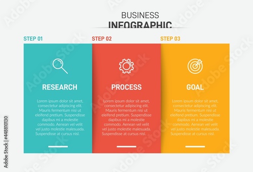 Concept of arrow business model with 3 successive steps. Three colorful graphic elements. Timeline design for brochure, presentation. Infographic design layout.