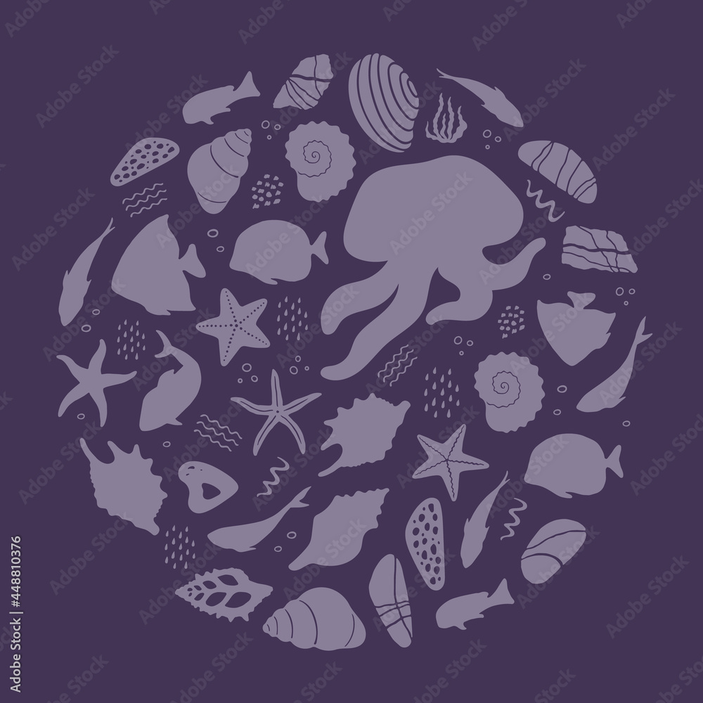 Abstract illustration of summer time concept. Underwater set of silhouettes. .Marine life, shells, seaweed. Flat vector illustration of round shape.
