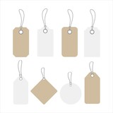 Blank white paper price tags or gift tags in different shapes. Labels with cord.