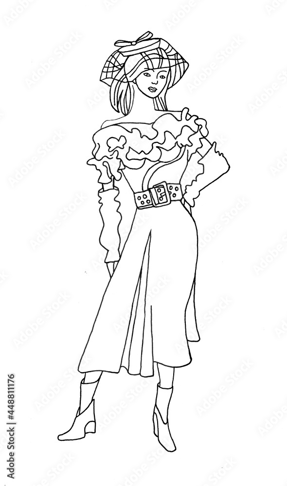 Fashion model contour drawing. Woman in dress isolated on white background. decoration fpr sketchbooks, covers, paper.