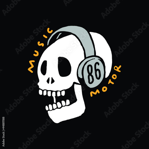 skull head bone icon vector. drawing illustration of a skull with a headphone on. design graphics for a tattoo, icon, symbol, etc.