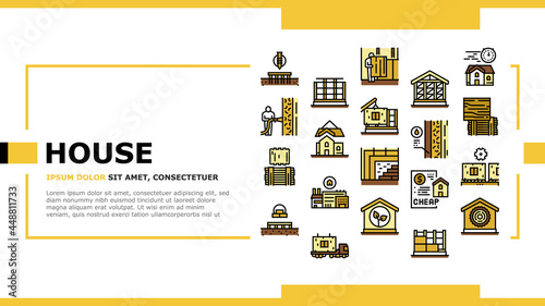 Timber Frame House Landing Web Page Header Banner Template Vector. Pile Screw Foundation And Ecowool Insulation, Wooden And Steel Building Frame Illustration