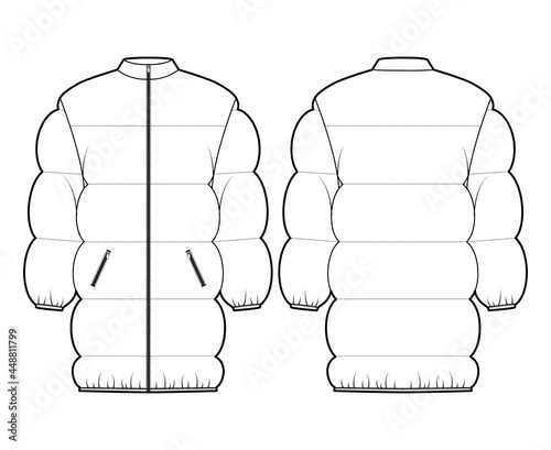 Down puffer jacket coat technical fashion illustration with long sleeves, zip-up closure, pockets, thigh length, wide quilting. Flat template front, back, white color. Women, men unisex top CAD mockup