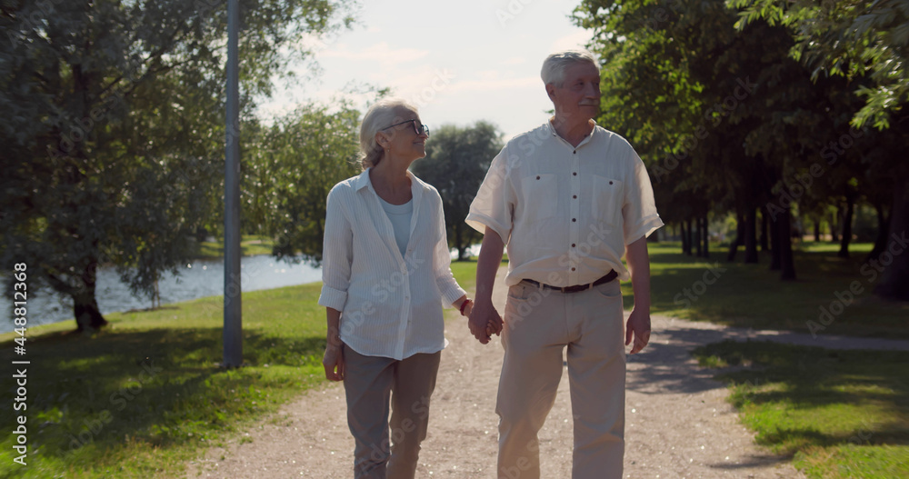 Cheerful senior couple holding hands walking outdoors in park having romantic date Cheerful senior couple holding hands walking outdoors in park having romantic date