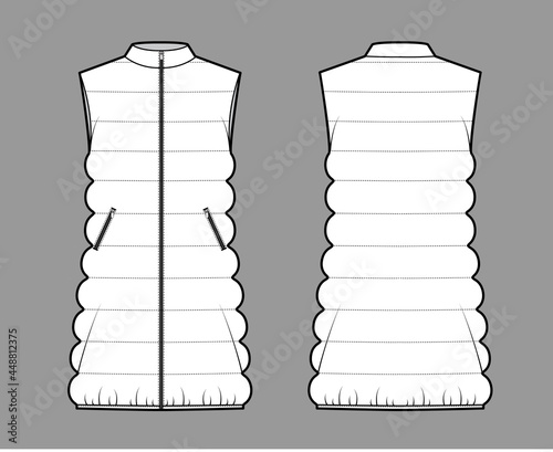 Down vest puffer waistcoat technical fashion illustration with sleeveless, stand collar, zip-up closure, loose body, thigh length. Flat template front, back, white color. Women, unisex top CAD mockup