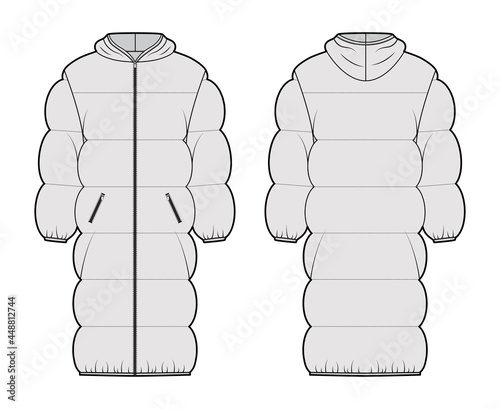 Down puffer coat jacket technical fashion illustration with long sleeves, hoody collar, zip-up closure, knee length, wide quilting. Flat template front, back, grey color. Women, men, unisex CAD mockup