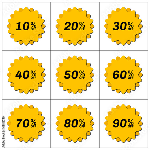 Set of icons with symbols of sale percent from 10 to 90 with shadow on white background. Vector illustration.