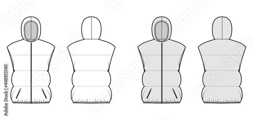 Down vest puffer waistcoat technical fashion illustration with hoody collar, zip-up closure, pockets, wide quilting. Flat template front, back white grey color style. Women, men, unisex top CAD mockup