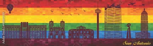 San Antonio on LGBT flag background - illustration, 
Town in Rainbow background, 
Vector city skyline silhouette