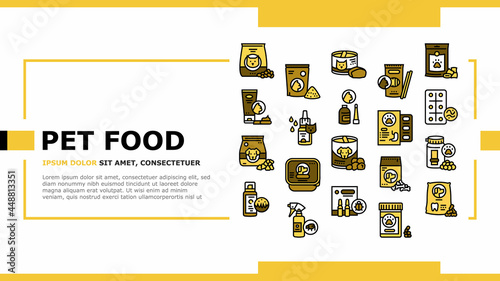 Pet Products Food Landing Web Page Header Banner Template Vector. Dry And Canned Food For Cat And Dog Domestic Animal, Vitamins And Medicine For Worms Illustration