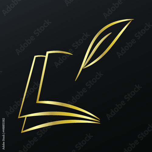 Writer contour symbol with book and pen, golden on black, vector