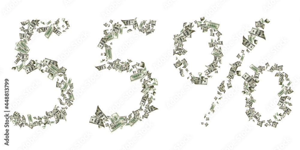Dollar sign. American money number 55. Cash white background, us bill. Money falling.