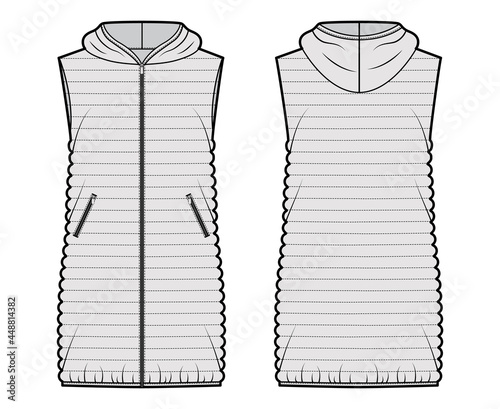 Down vest puffer waistcoat technical fashion illustration with hoody collar, pockets, loose fit, thigh length, narrow quilting. Flat template front, back, grey color. Women, men, unisex top CAD mockup