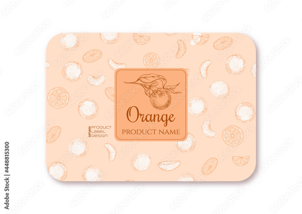 Orange. Ripe citrus. Template for product label, cosmetic packaging. Easy to edit. Graphic drawing, engraving style. Vector illustration. Orange. Ripe citrus. Template for product label, cosmetic packaging. Easy to edit. Graphic drawing, engraving style. Vector illustration.