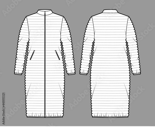 Down puffer coat jacket technical fashion illustration with stand collar, zip-up closure, pockets, oversized, knee length. Flat template front, back, white color style. Women, men, unisex CAD mockup