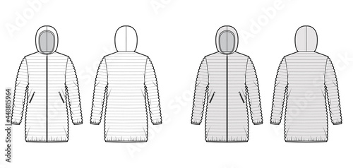 Down puffer coat jacket technical fashion illustration with hoody collar, oversized, hip length, narrow quilting. Flat template front, back, white, grey color style. Women, men, unisex top CAD mockup
