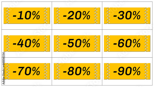 Set of icons with symbols of sale percent from -10 to -90 with shadow on white background. Vector illustration.
