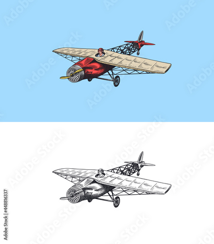 Passenger airplane corncob or plane aviation travel illustration. Engraved hand drawn in old sketch style, vintage transport.