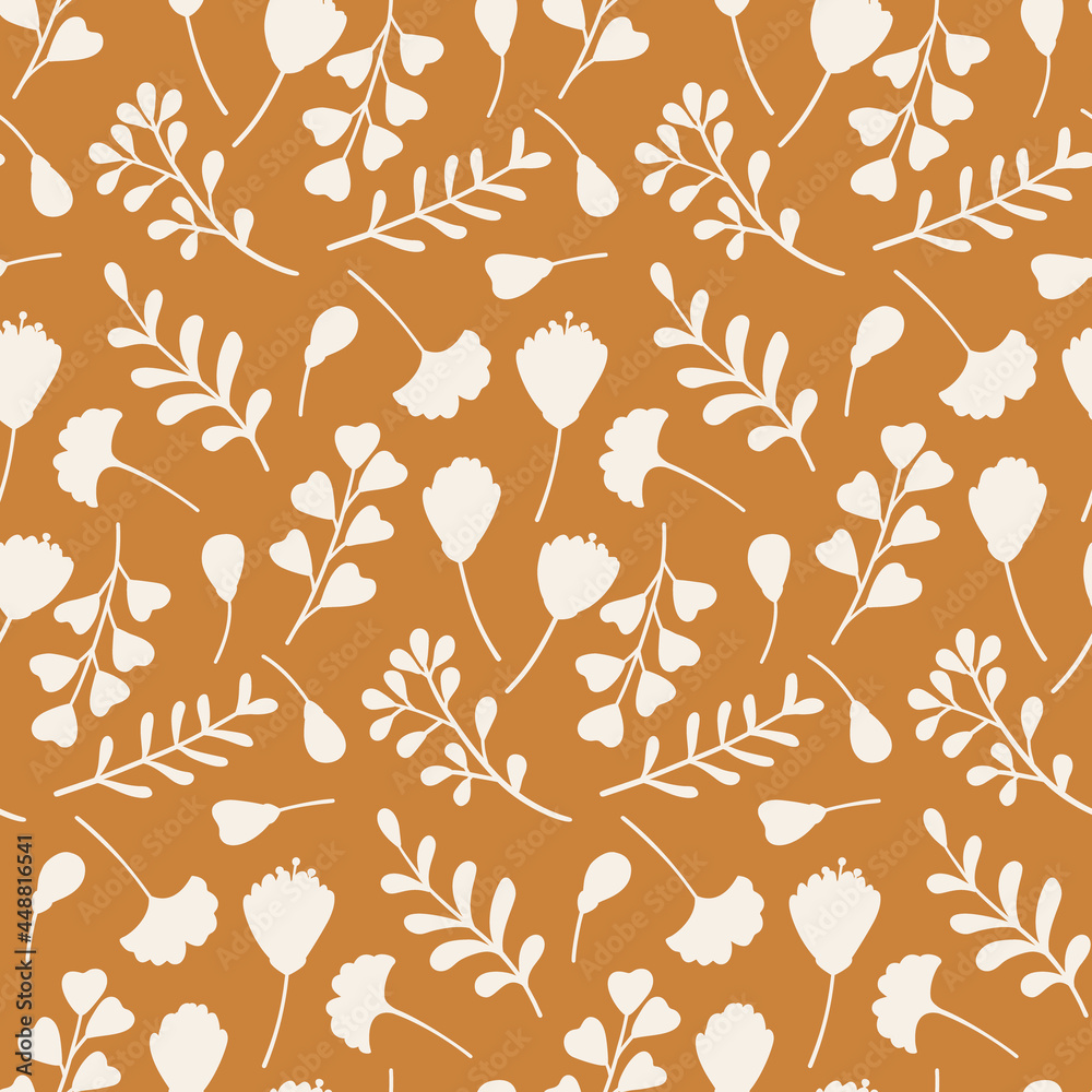 Autumn seamless pattern with hand drawn branches, leaves and flowers. Simple hand drawn fall season texture. Vector repetitive wallpaper.