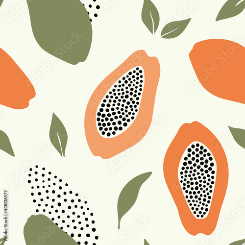 Hand drawn abstract seamless pattern with papaya and leaves. Stock vector template.
