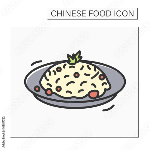 Fried rice color icon. Chinese stir-fry bowl with vegetables, meat or seafood ingredients. Concept of tasty and popular Asian cuisine dishes recipe. Isolated vector illustration