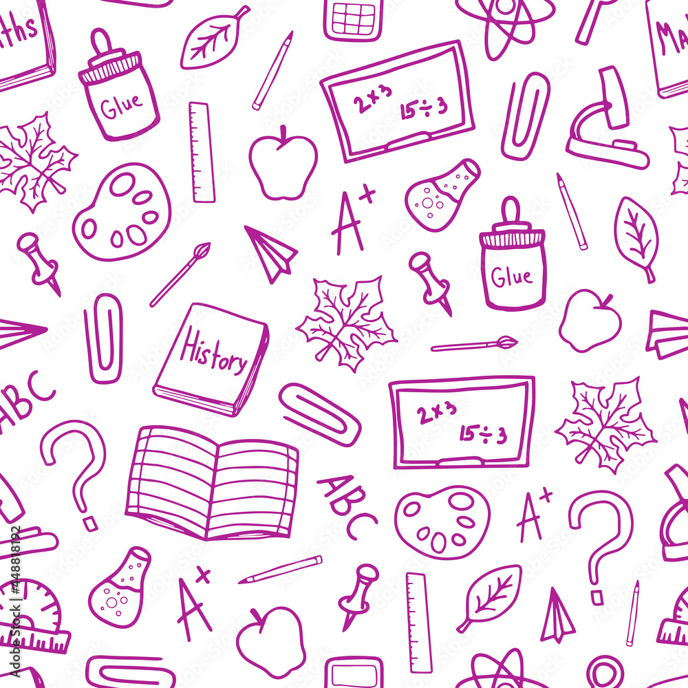 Back to school doodle pink line drawn vector seamless pattern
