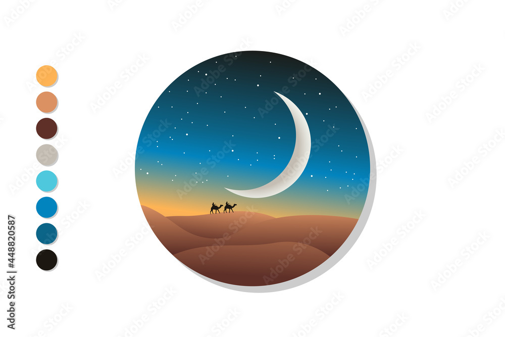 Fototapeta premium Vector desert landscape at night and crescent moon