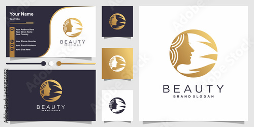 Woman logo with golden beauty concept and business card template Premium Vector