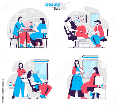 Beauty salon concept set. Cosmetology procedures, haircuts, manicure and pedicure. People isolated scenes in flat design. Vector illustration for blogging, website, mobile app, promotional materials.