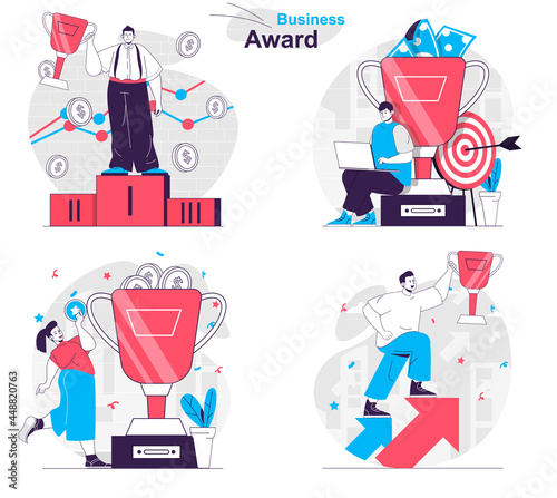 Business award concept set. Successful businessman or businesswoman achieves goals. People isolated scenes in flat design. Vector illustration for blogging, website, mobile app, promotional materials.