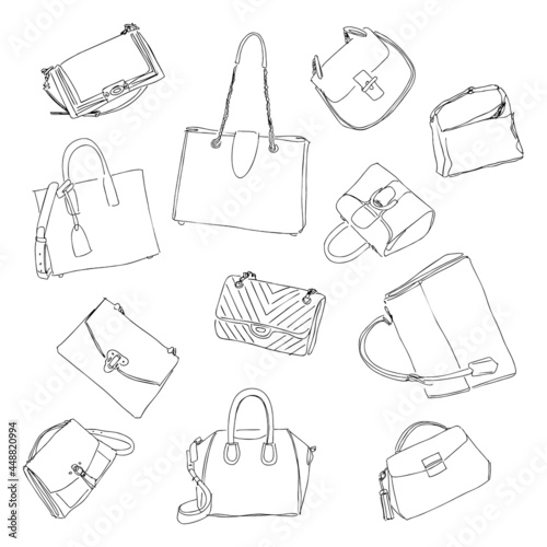 Set of Colorful fashion women's handbags. Vintage style. Hand drawn doodle fashion accessories. Fashion illustration