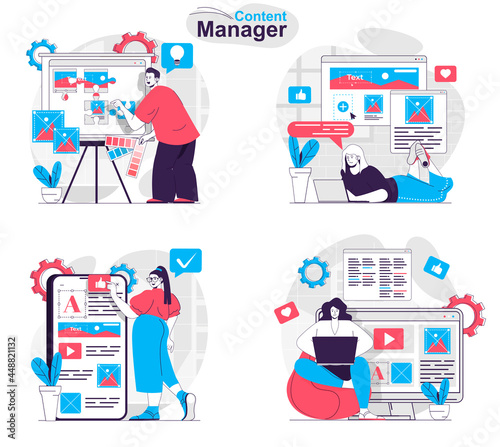 Content manager concept set. Creation of images and texts for filling sites layout. People isolated scenes in flat design. Vector illustration for blogging, website, mobile app, promotional materials.