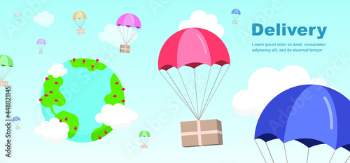 Vector illustration. Flying boxes on parachutes with clouds. Delivery concept. Shopping and goods from the Internet. Air transportation concept.