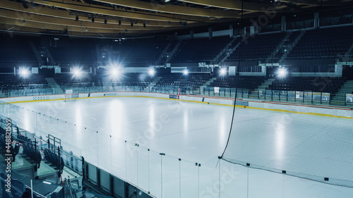 Photography Empty Professional Ice Hockey Arena with Turned on Shining Lights