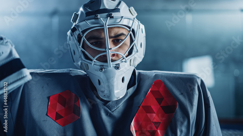 Photography Ice Hockey Rink Arena: Portrait of Brutal Professional Goalkeeper, Wearing Goaltender Mask, Looking at Camera Seriously