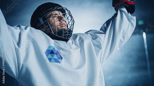 Canvas Print Ice Hockey Arena: Portrait of Happy Professional Player Celebrating Victory, Raising Arms, Smiling