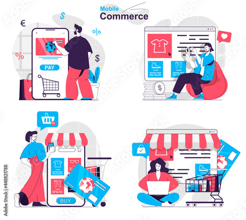 Mobile commerce concept set. Buyers choose clothes, shopping and paying online. People isolated scenes in flat design. Vector illustration for blogging, website, mobile app, promotional materials.