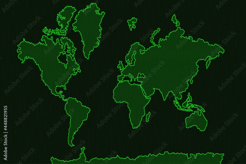Black and Green Striped Pattern with World Map. Mesh Image of Surface of the Earth. Raster Illustration