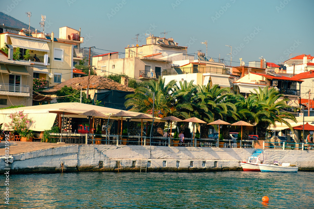 Waterfront view in a beautiful Mediterranean village on a warm summer day