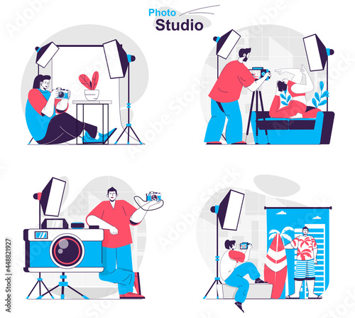 Photo studio concept set. Photographers do photo shoots in professional studio. People isolated scenes in flat design. Vector illustration for blogging, website, mobile app, promotional materials.
