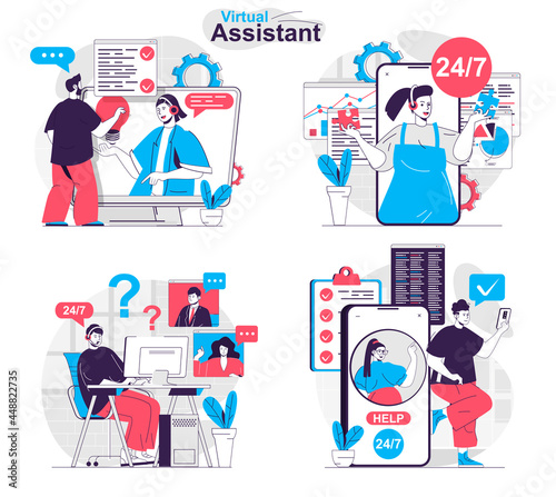 Virtual assistant concept set. Online communication with customers, tech support. People isolated scenes in flat design. Vector illustration for blogging, website, mobile app, promotional materials.