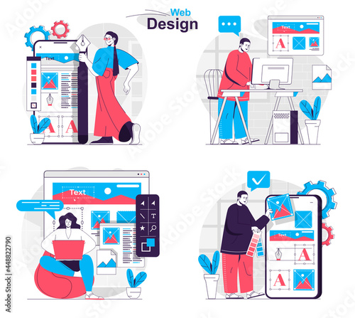 Web design concept set. Developers create page layout, place graphics and content. People isolated scenes in flat design. Vector illustration for blogging, website, mobile app, promotional materials.