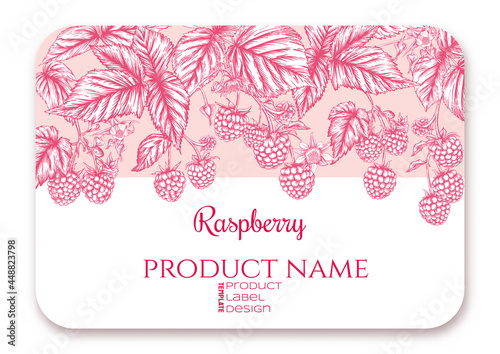 Raspberry. Ripe berries on branch. Template for product label, cosmetic packaging. Easy to edit. Graphic drawing, engraving style. Vector illustration..