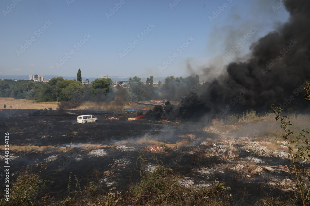 Sofia, Bulgaria - August 3, 2021: A team of firefighters extinguished a fire near the southern ring road in Sofia