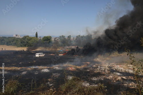 Sofia, Bulgaria - August 3, 2021: A team of firefighters extinguished a fire near the southern ring road in Sofia