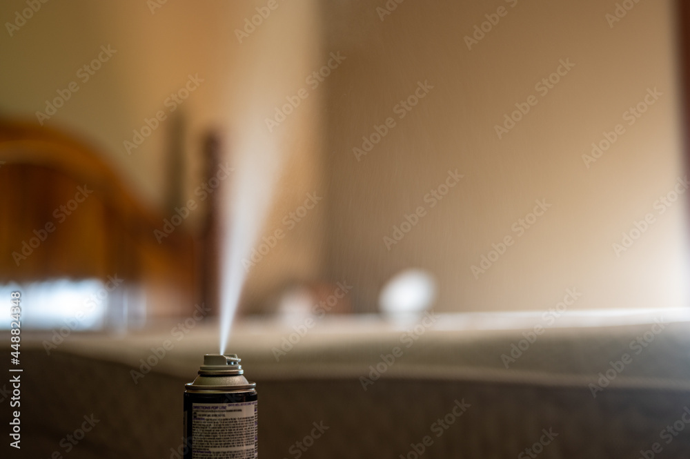 Selective focus on insect insecticide aerosol can fogger used to kill