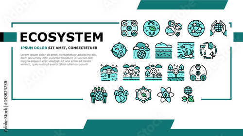 Ecosystem Environment Landing Web Page Header Banner Template Vector. Ecosystem And Ecology, Biodiversity And Life Cycle, Biosphere And Atmosphere Illustration photo